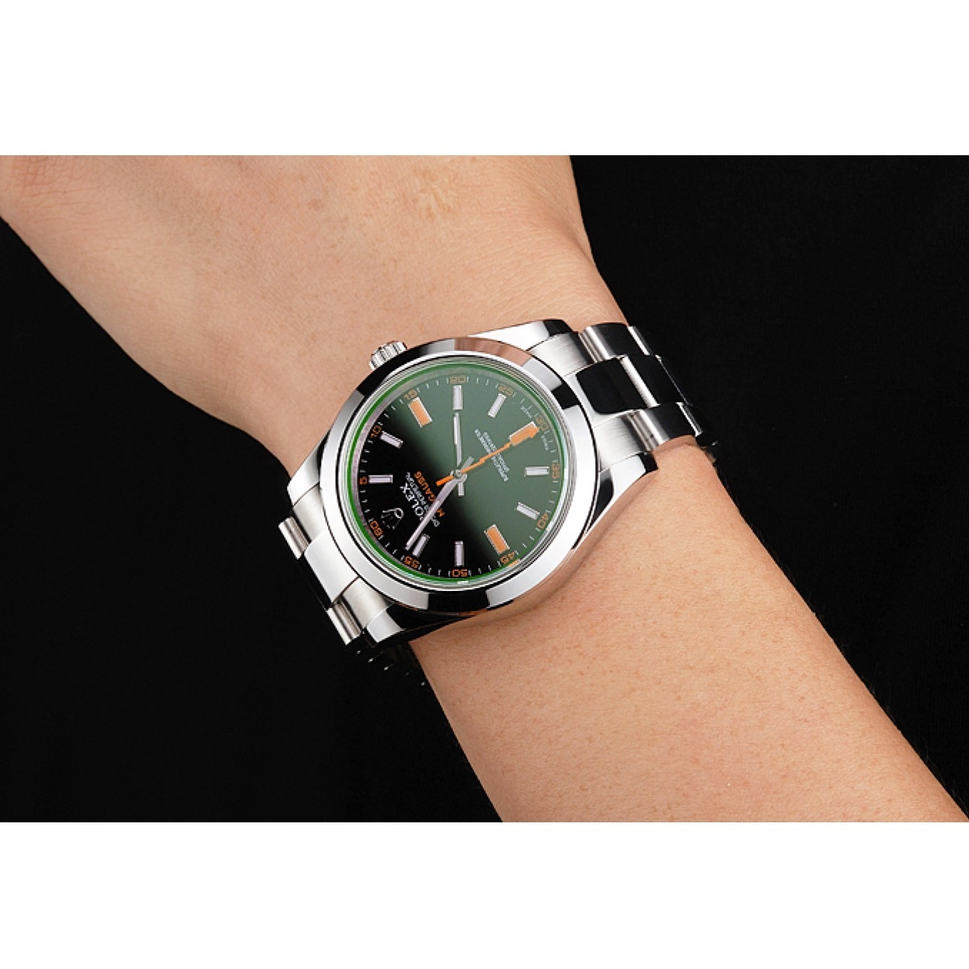 Rolex copies cheap Dial Markings Orange Milgauss Rolex Swiss Bracelet And Black Case Stainless Steel 0821